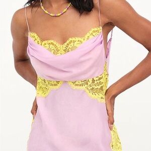 Free People Pink Chemise with Yellow Lace